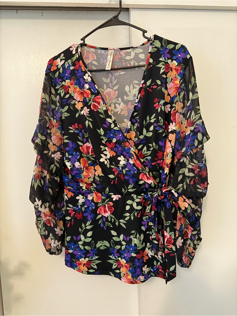 PerSeption Concept Black Multicolor Floral Wrap Blouse